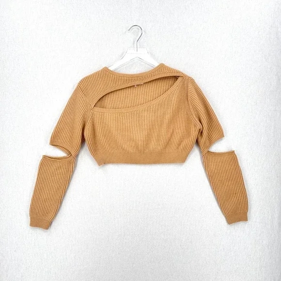 HOUSE OF CB LONDON Mila Sand Cropped Knit Sweater Womens XS Tan Cut out Crew - Picture 4 of 16